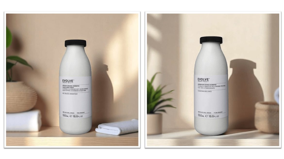 Evolve Organic Beauty shower product in Pulpex bottle