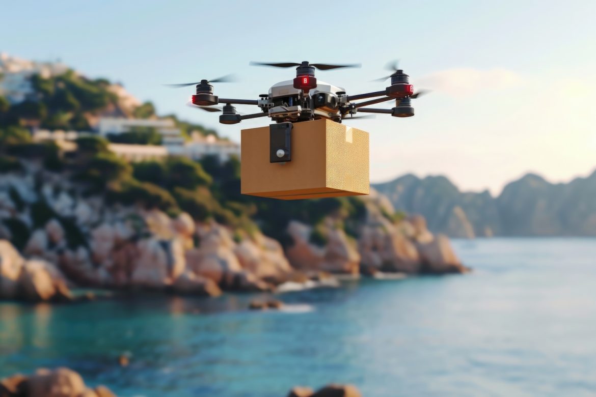 Drone delivery in a beautiful sea Italian landscape